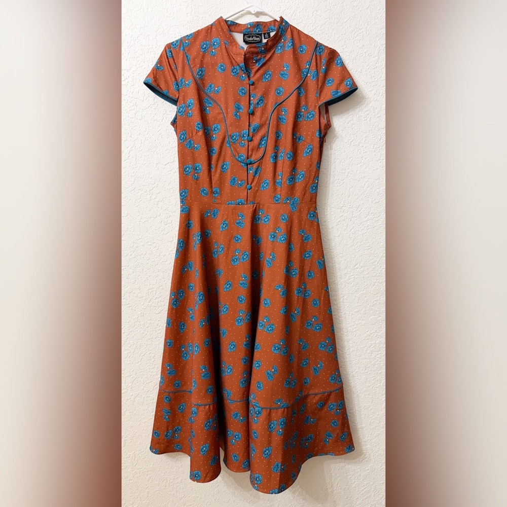 Voodoo Vixen ADIA Vintage Polka Dot Floral Button Down Dress Rockabilly - S